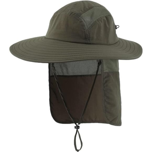 Mens UPF 50+ Sun Protection Cap Wide Brim Fishing Hat with Neck Flap Green - Picture 1 of 7